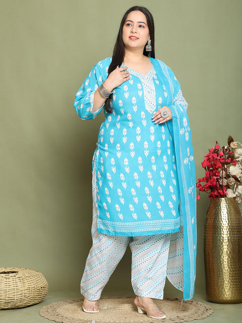 Teal Cotton Blend Printed Plus Size Ready to Wear Patiala Salwar Suit