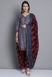 Grey Polyester Cotton Printed Salwar Suit with Dupatta