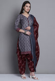 Grey Polyester Cotton Printed Salwar Suit with Dupatta