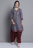 Grey Polyester Cotton Printed Salwar Suit with Dupatta