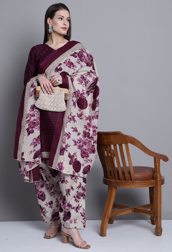 Wine Polyester Cotton Printed Salwar Suit with Dupatta