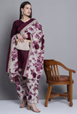 Wine Polyester Cotton Printed Salwar Suit with Dupatta