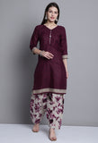 Wine Polyester Cotton Printed Salwar Suit with Dupatta