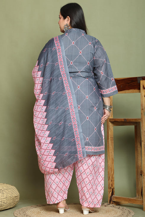 Grey Cotton Blend Printed Plus Size Ready to Wear Patiala Salwar Suit