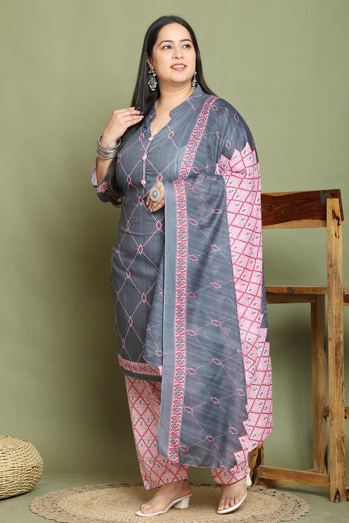 Grey Cotton Blend Printed Plus Size Ready to Wear Patiala Salwar Suit