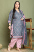 Grey Cotton Blend Printed Plus Size Ready to Wear Patiala Salwar Suit