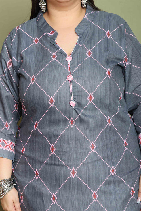 Grey Cotton Blend Printed Plus Size Ready to Wear Patiala Salwar Suit