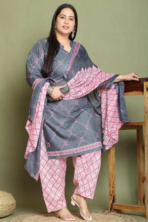 Grey Cotton Blend Printed Plus Size Ready to Wear Patiala Salwar Suit