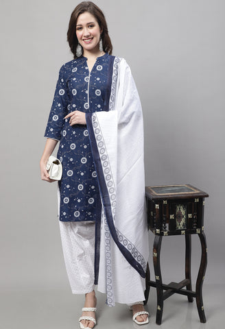 Navy Blue Cotton Printed Salwar Suit