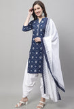 Navy Blue Cotton Printed Salwar Suit