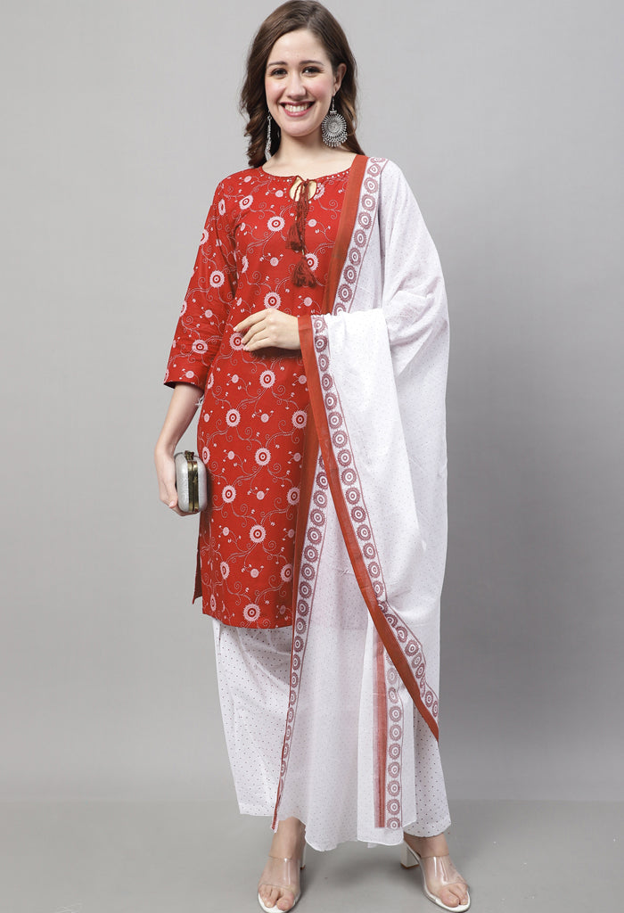 Red Cotton Printed Salwar Suit