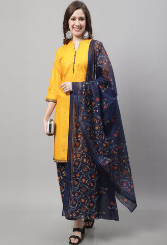 Yellow Cotton Pure Printed Salwar Suit with Dupatta