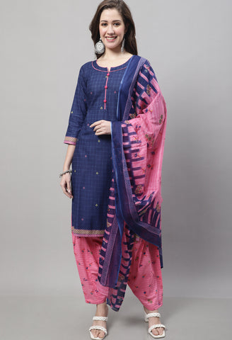 Navy Blue Pure Cotton Printed Salwar Suit with Dupatta