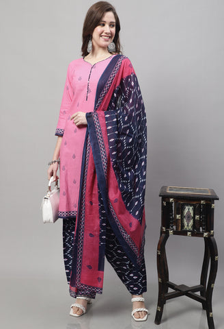 Pink Cotton Printed Salwar Suit