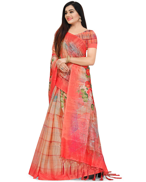 Peach Cotton Silk  Printed Traditional  Saree With Blouse Piece