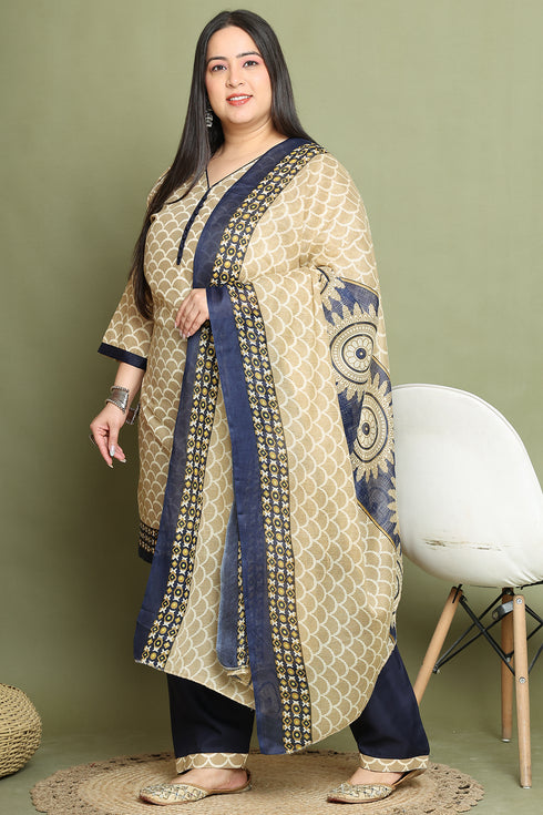 Beige Cotton Blend Printed Plus Size Ready to Wear Patiala Salwar Suit