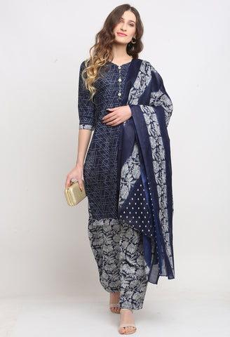 Blue Polyester Cotton Printed Salwar Suit with Dupatta