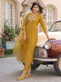 Mustard Poly Silk Embroidered Anarkali Kurta & Pant With Dupatta