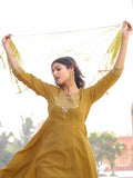 Mustard Poly Silk Embroidered Anarkali Kurta & Pant With Dupatta