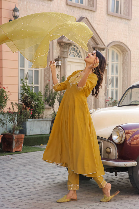 Mustard Poly Silk Embroidered Anarkali Kurta & Pant With Dupatta