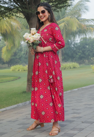 Pink Rayon Printed Anarkali Bandhani Gown