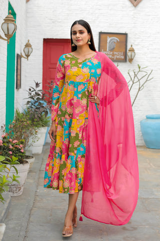 Multicolor Viscous Digital Printed Gown With Dupatta