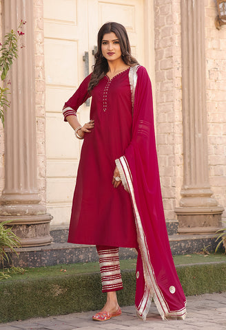 Pink Poly Silk Solid Kurta Set With Dupatta