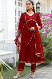 Maroon Poly Silk Embroidered Anarkali Kurta & Pant With Dupatta