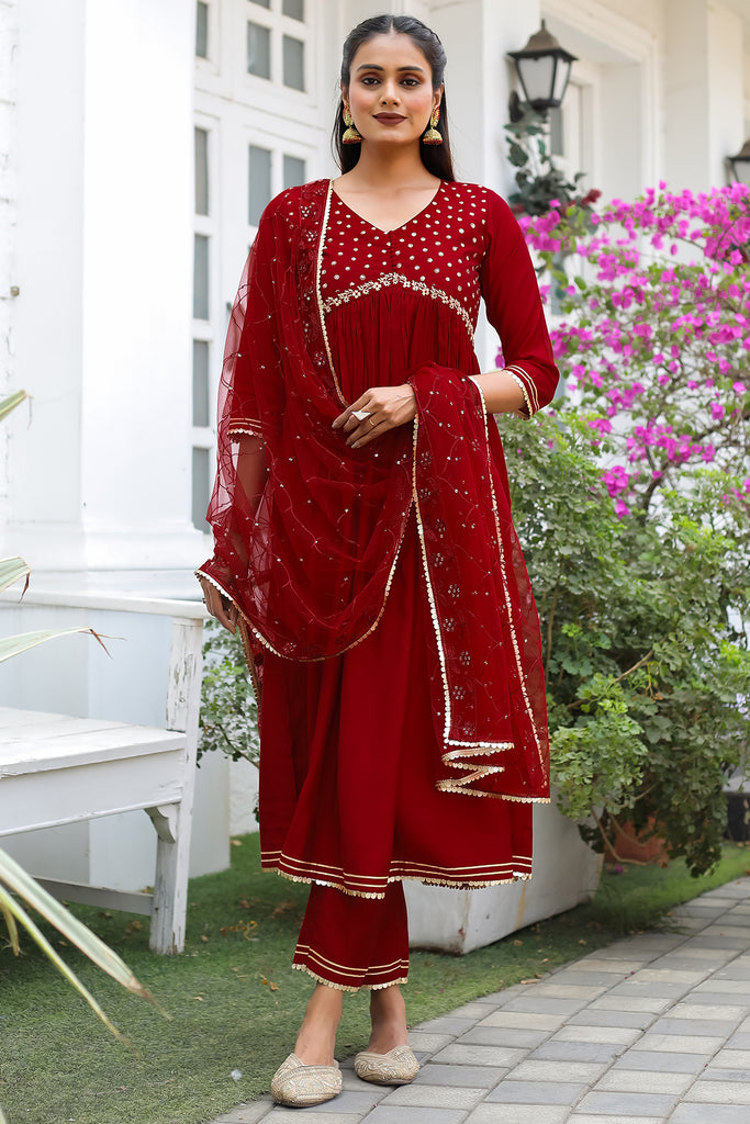 Maroon Poly Silk Embroidered Anarkali Kurta & Pant With Dupatta