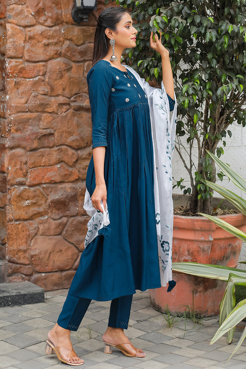 Women's Teal Blue Poly Silk Embroidered Anarkali Kurta & Pant With Dupatta