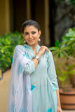 Sky Blue Poly Silk Embroidered A-Line Kurta & Pant With Dupatta