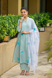 Sky Blue Poly Silk Embroidered A-Line Kurta & Pant With Dupatta