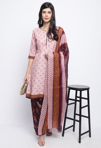 Dusty Pink Polyester Cotton Printed Salwar Suit with Dupatta