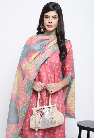 Peach Polyester Cotton Printed Salwar Suit with Dupatta