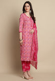 Pink Cotton Blend Jaipuri Printed Kurta With Pant & Dupatta