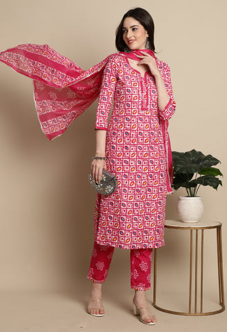 Pink Cotton Blend Jaipuri Printed Kurta With Pant & Dupatta