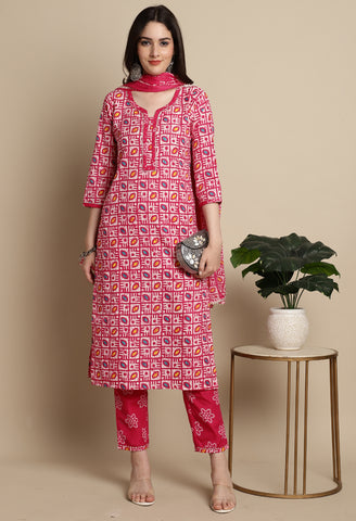 Pink Cotton Blend Jaipuri Printed Kurta With Pant & Dupatta