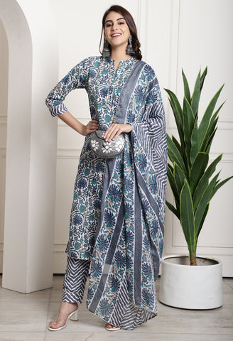 Grey & Green Cotton Blend Jaipuri Printed Kurta With Pant & Dupatta