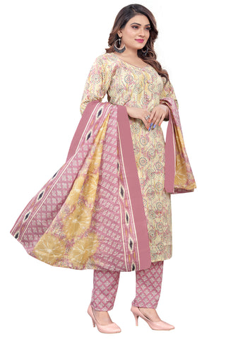 Cream & Dusty Pink PC Cotton Embroidered Straight Kurta & Pant With Dupatta