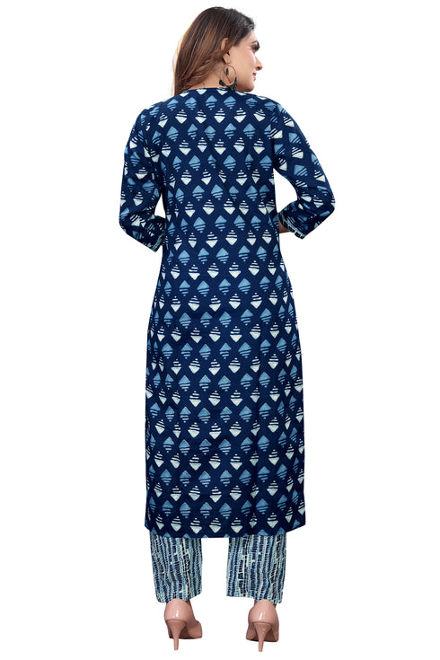 Navy Blue & White PC Cotton Embroidered Straight Kurta & Pant With Dupatta
