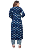 Navy Blue & White PC Cotton Embroidered Straight Kurta & Pant With Dupatta