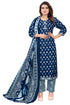 Navy Blue & White PC Cotton Embroidered Straight Kurta & Pant With Dupatta