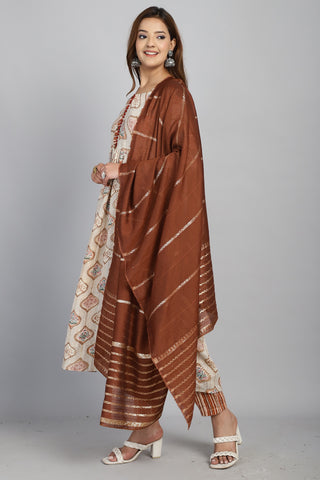 Beige & Brown Cotton Embroidered A- Line Kurta & Pant With Dupatta