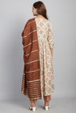 Beige & Brown Cotton Embroidered A- Line Kurta & Pant With Dupatta