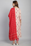 Beige & Pink Cotton Embroidered A- Line Kurta & Pant With Dupatta