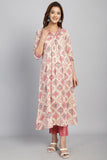 Beige & Pink Cotton Embroidered A- Line Kurta & Pant With Dupatta