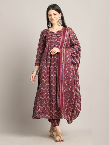 Rajnandini-Women's-Wine-&-Beige-Cotton-Blend-Embroidered-A-Line-Kurta-&-Pant-With-Dupatta