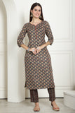 Grey & Maroon Cotton Embroidered Straight Kurta & Pant With Dupatta