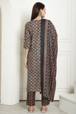 Grey & Maroon Cotton Embroidered Straight Kurta & Pant With Dupatta