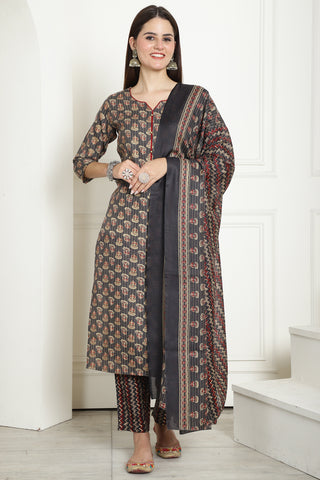 Grey & Maroon Cotton Embroidered Straight Kurta & Pant With Dupatta